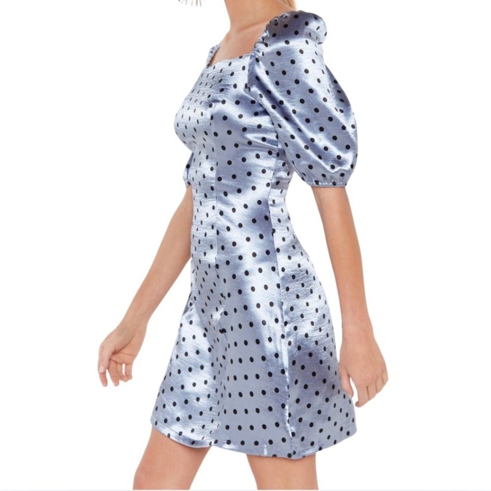 Nasty Gal NWT Blue Polka Dot Satin Puff Sleeve Square Neck Mini Dress Size 6